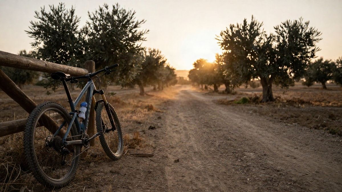 Imagen ilustrativa: una bicicleta de montaña apoyada en una valla de madera al amanecer, con un sendero polvoriento que se pierde entre olivos.