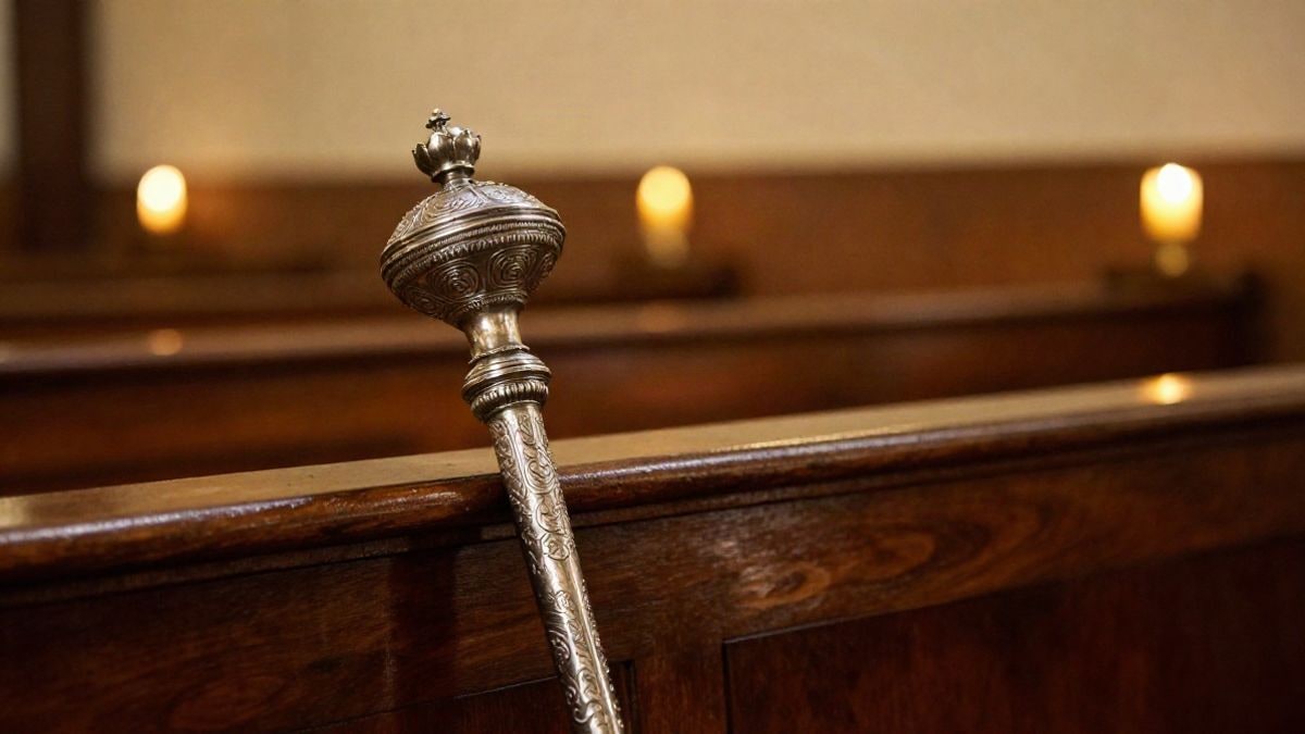 Imagen ilustrativa: un bastón de mando procesional de plata apoyado en un banco de madera, con luz de velas al fondo.