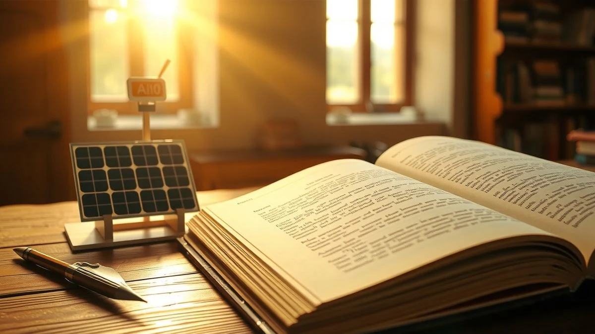 Primer plano de un libro abierto con un icono de IA, una maqueta de panel solar y una pluma sobre una mesa de madera, luz de tarde.