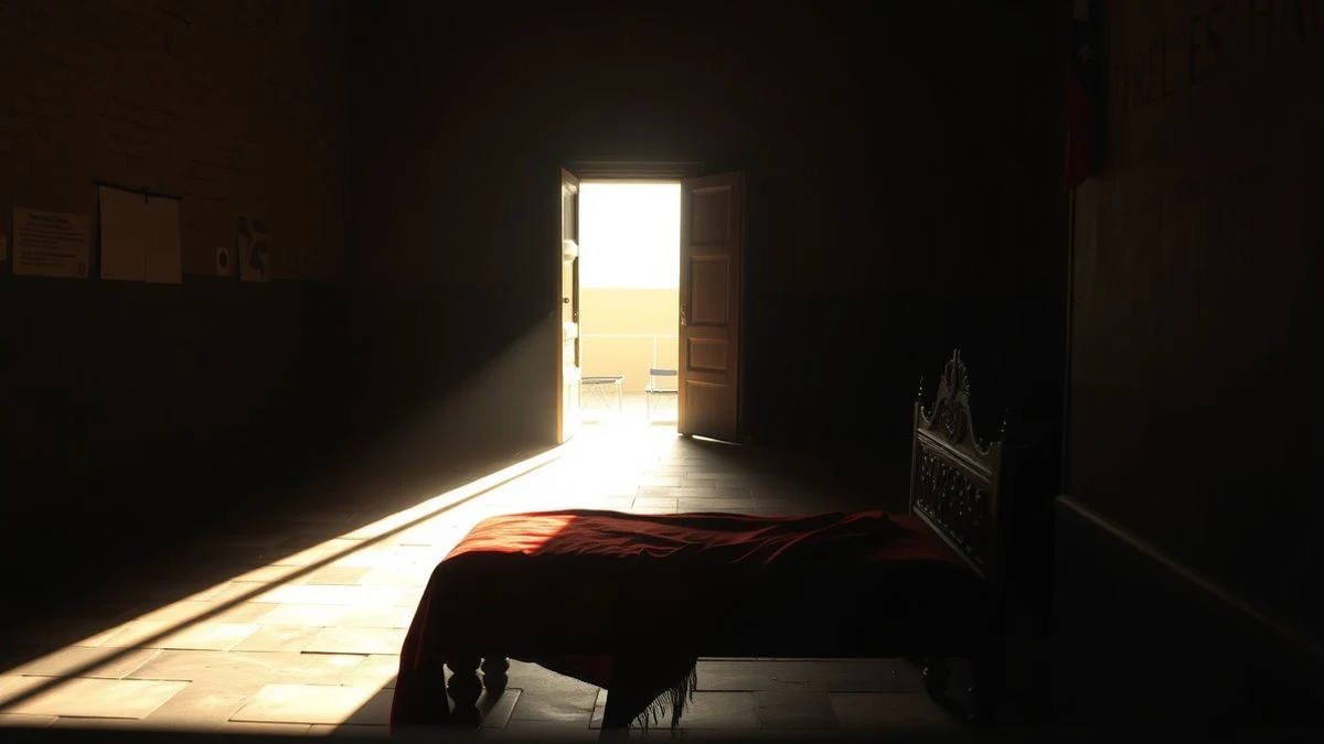 Imagen ilustrativa: interior de un pasillo de plaza de toros con luz natural, un capote rojo sobre un banco de madera