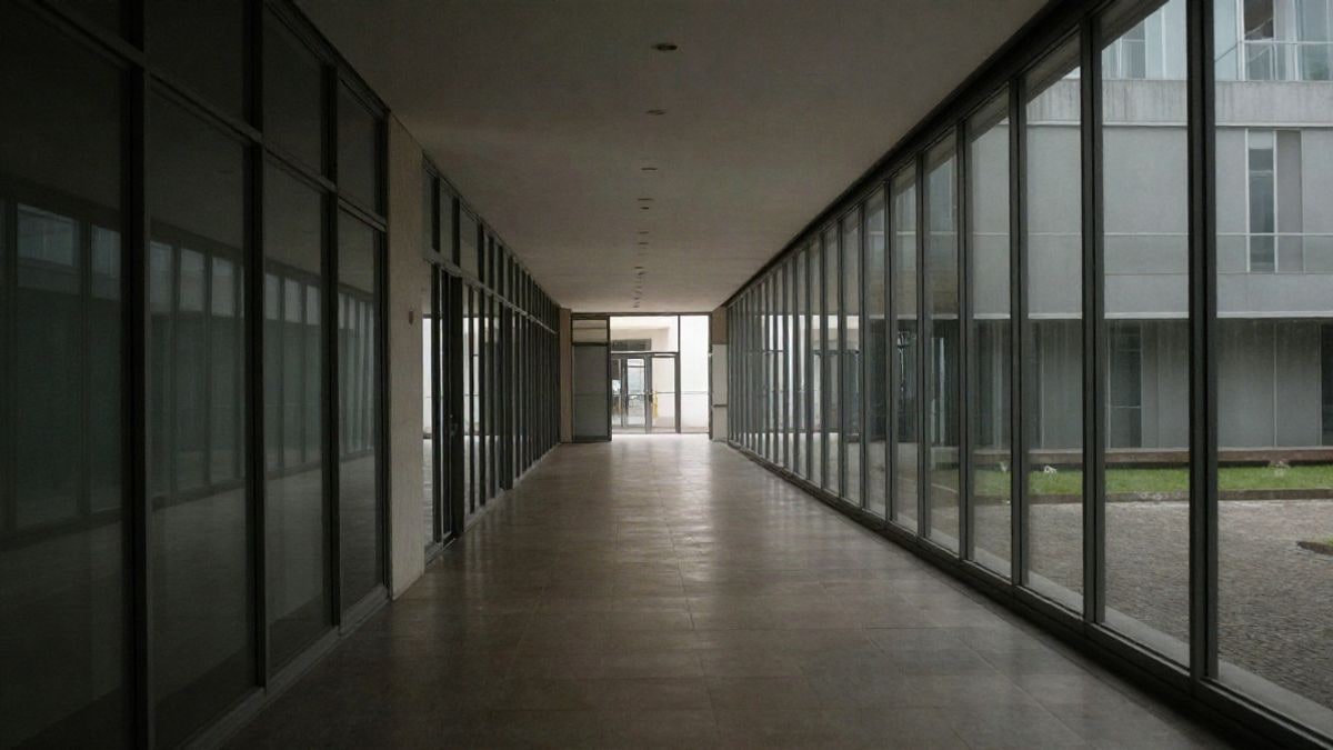 Imagen ilustrativa: pasillo de un edificio institucional moderno con líneas que convergen hacia una puerta al fondo