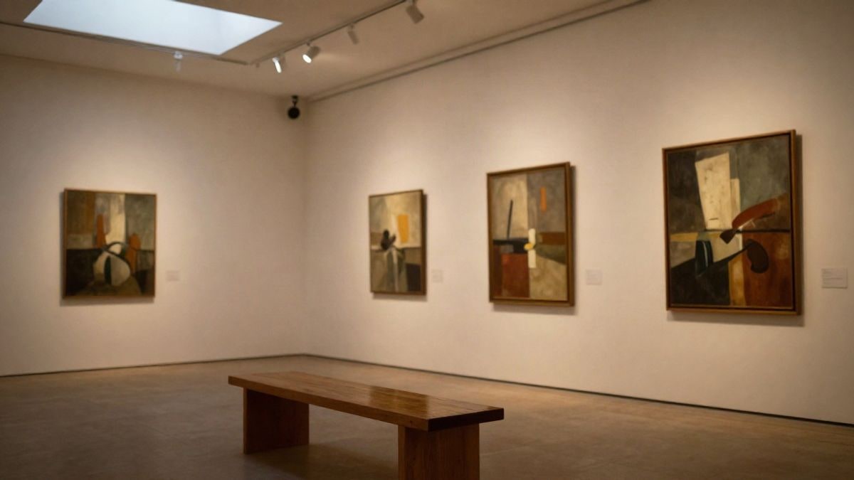 Imagen ilustrativa: sala de exposiciones con cuadros abstractos en las paredes y un banco de madera