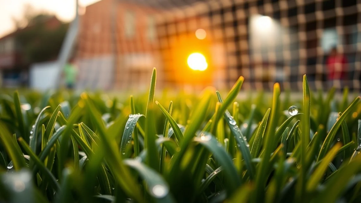 Imagen ilustrativa: detalle del césped artificial de un campo de fútbol, con gotas de agua y luz de atardecer.