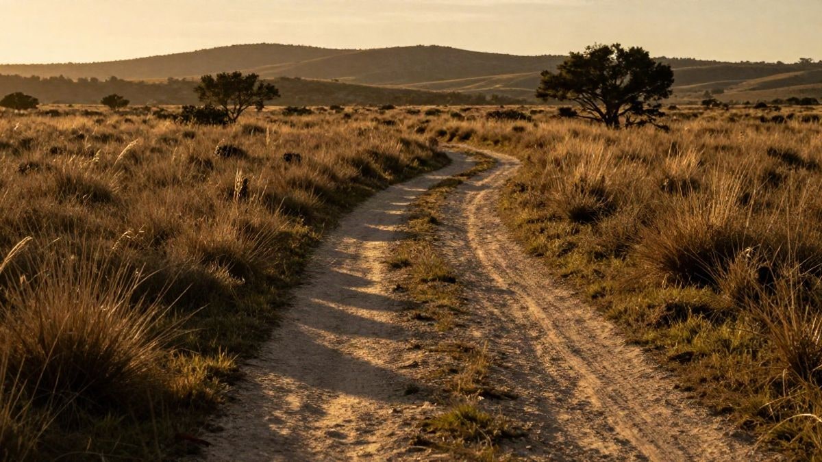 Imagen ilustrativa: paisaje de marisma con camino de tierra y luz de atardecer