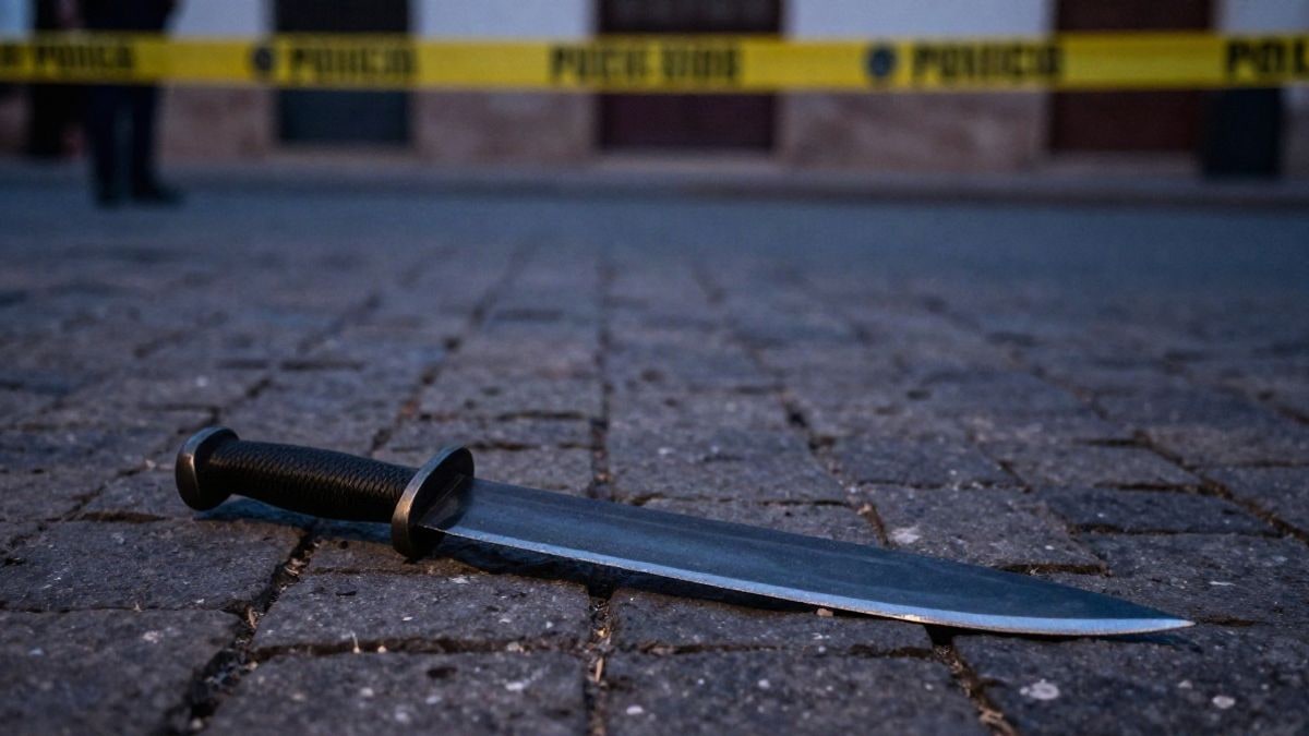 Imagen ilustrativa: un machete sobre adoquines al atardecer, con cinta policial desenfocada al fondo