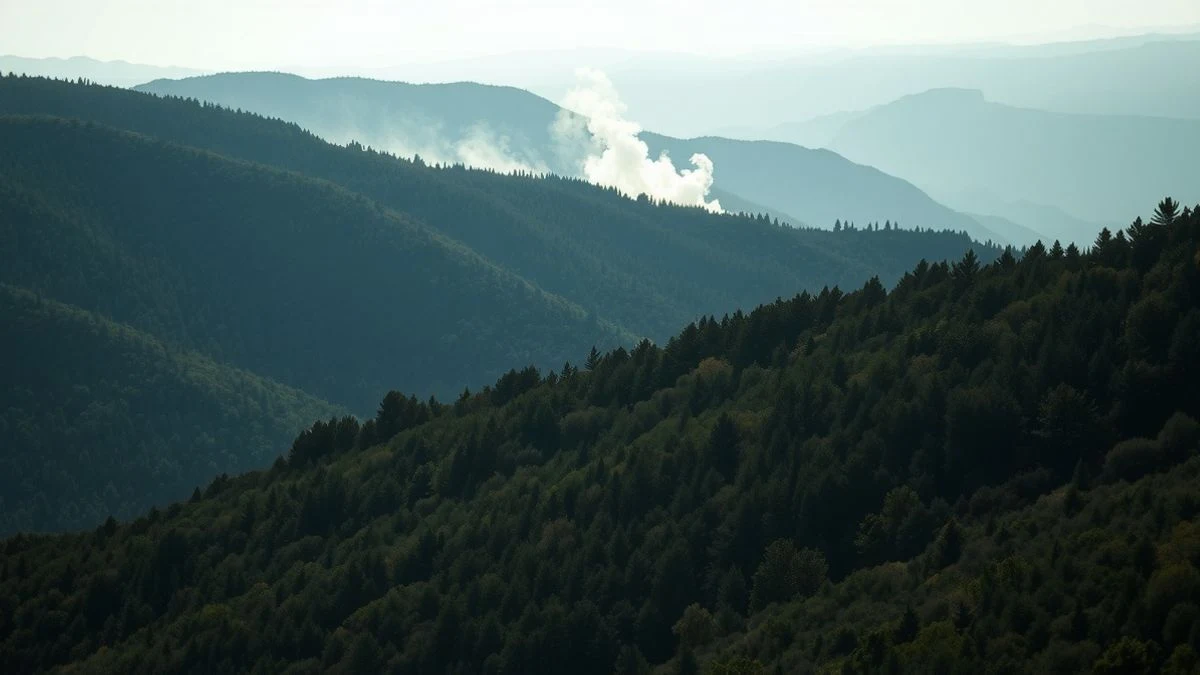 Imagen ilustrativa: un paisaje forestal con colinas y humo al fondo, con un vehículo de bomberos en primer plano al atardecer.