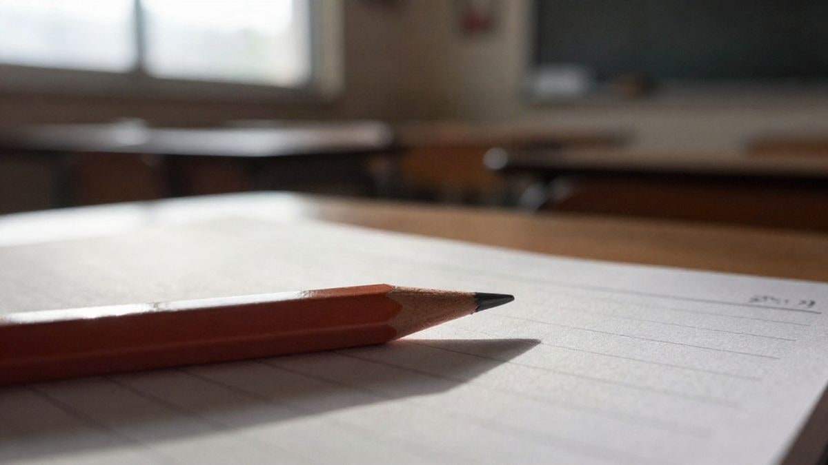 Imagen ilustrativa: primer plano de un lápiz sobre un cuaderno en un aula vacía
