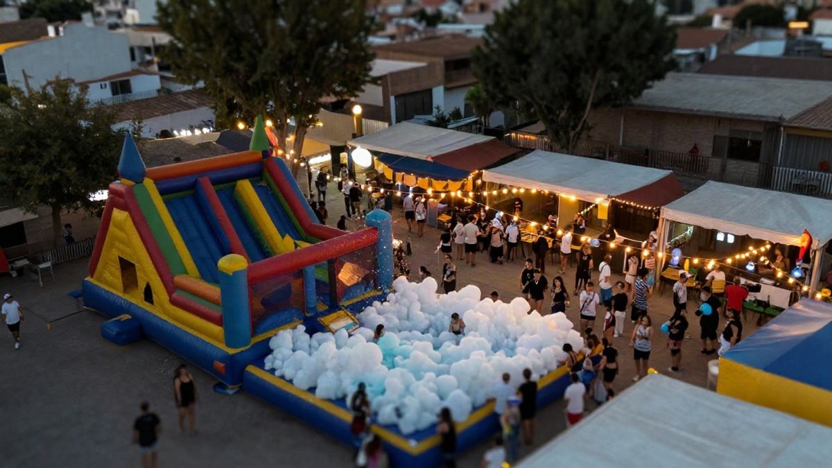 Imagen ilustrativa: recinto ferial al atardecer con actividades juveniles y luces de colores