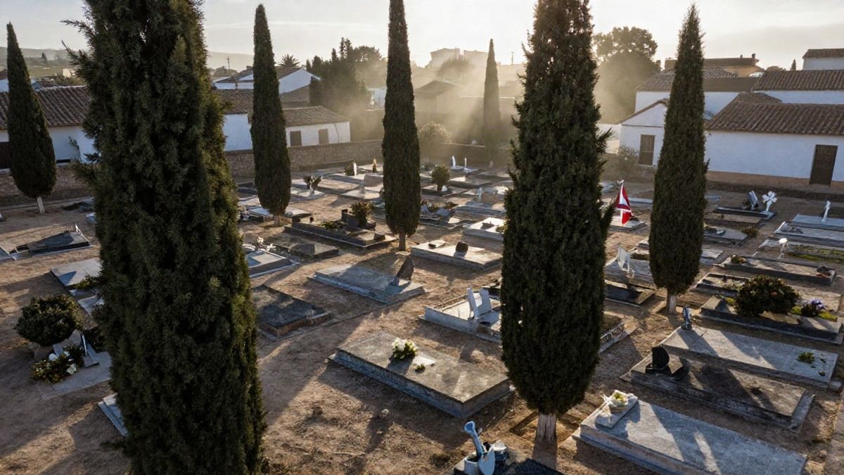 Imagen ilustrativa: un cementerio rural al atardecer con cipreses y una flor blanca sobre una tumba.