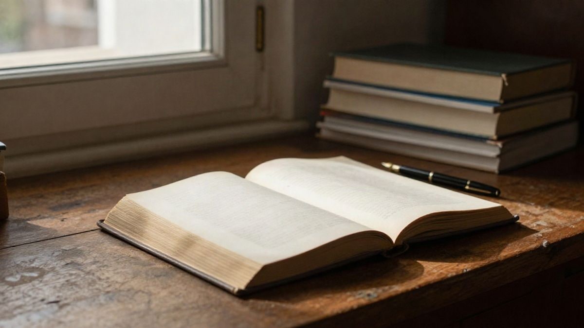 Imagen ilustrativa: libro abierto y pluma estilográfica sobre una mesa de madera junto a una ventana con luz lateral.
