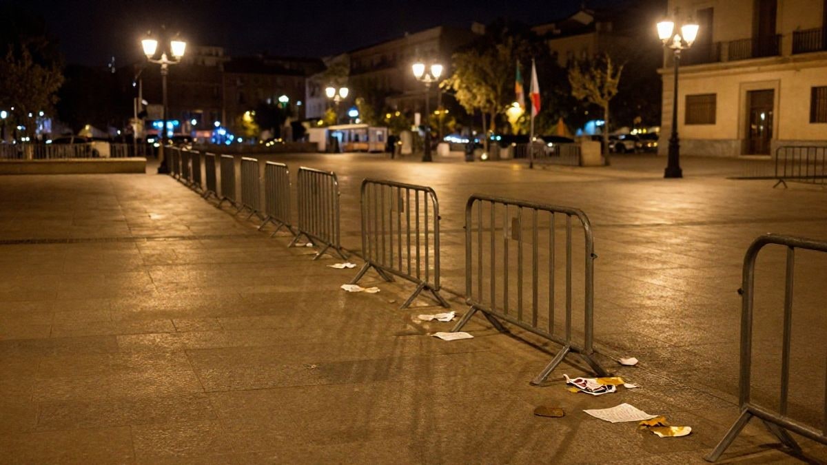 Imagen ilustrativa: una plaza urbana de noche iluminada por farolas, con vallas vacías y papeles en el suelo mojado