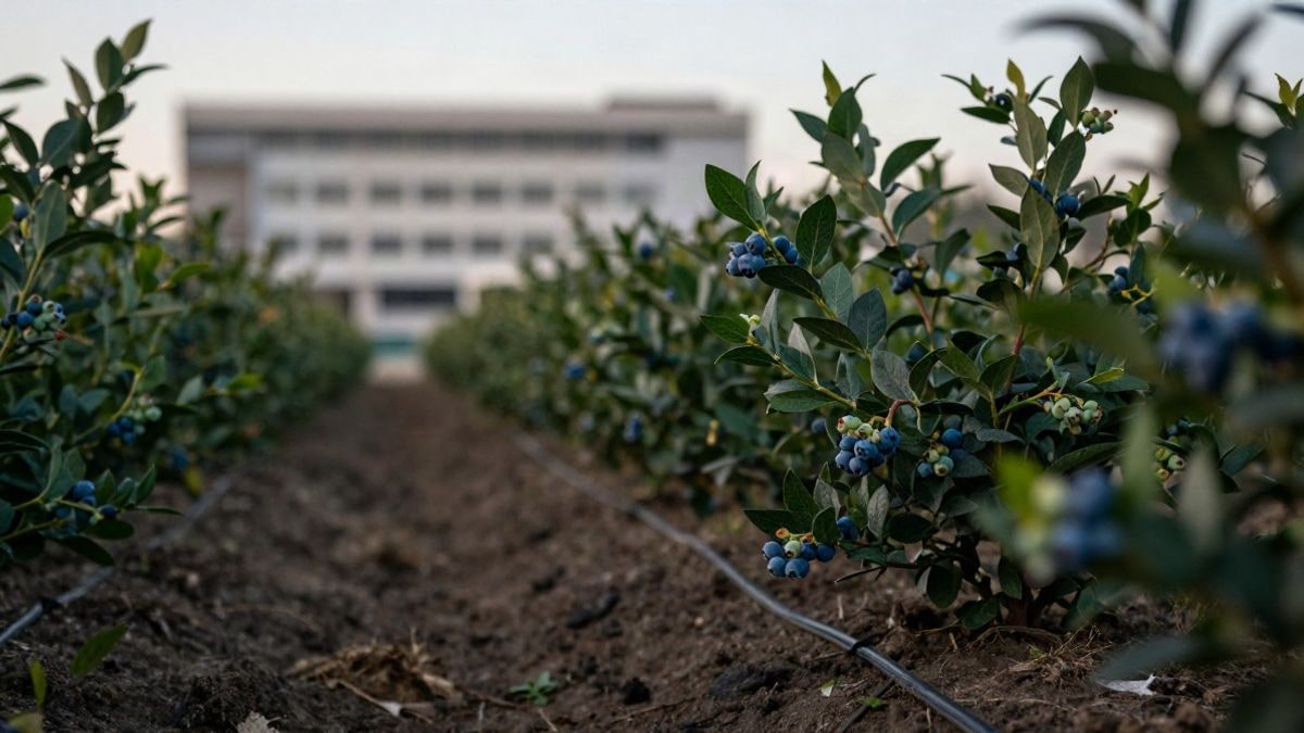Imagen ilustrativa: hileras de arbustos de arándano con frutos azules maduros en un campo al amanecer