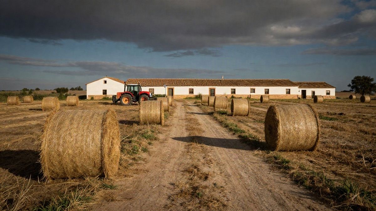 Imagen ilustrativa: gran angular de un patio de finca rural con un tractor y pacas de paja bajo luz natural dramática