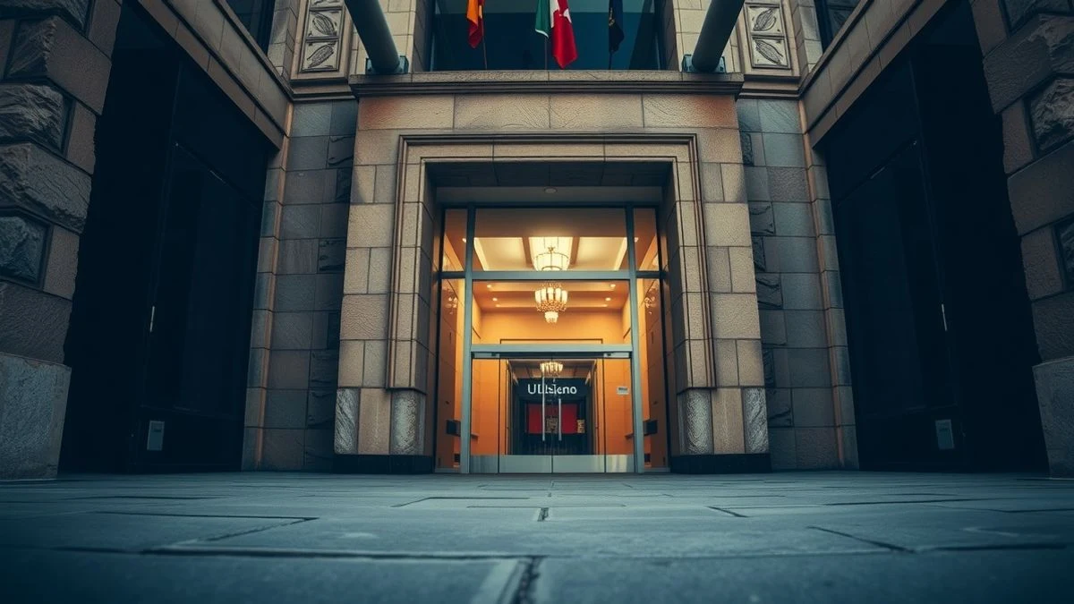 Imagen ilustrativa: Fachada de un edificio institucional moderno con entrada de cristal y luz de atardecer