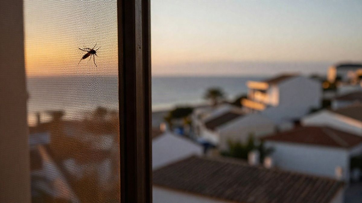 Imagen ilustrativa: un mosquito posado sobre una mosquitera al atardecer