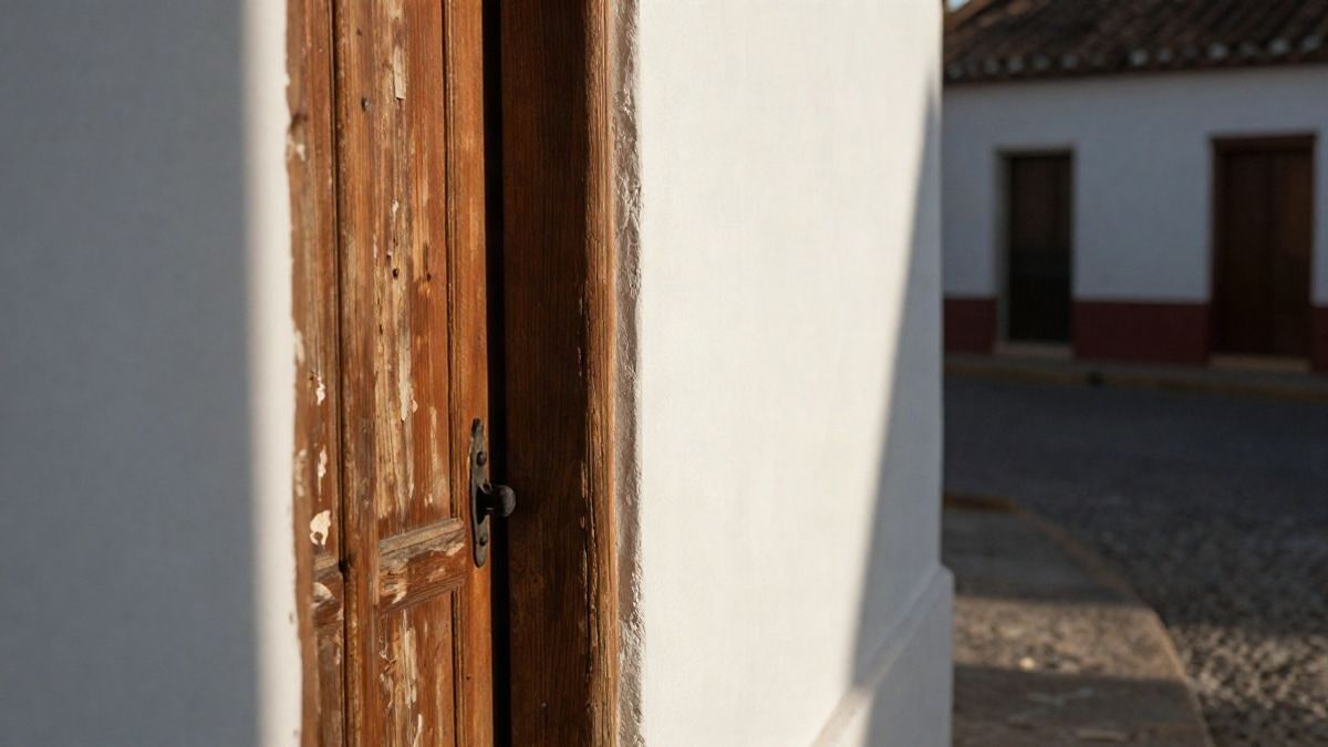 Imagen ilustrativa: detalle de una puerta de madera desgastada en una fachada encalada de un pueblo