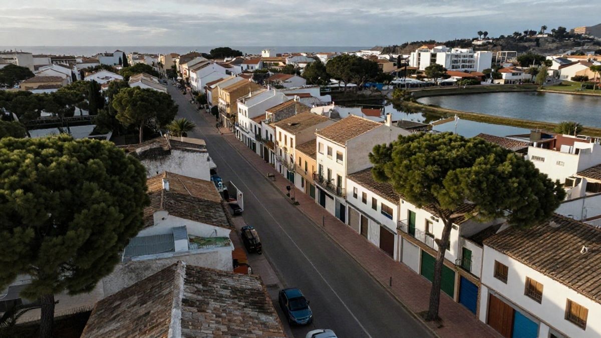 Imagen ilustrativa: vista cenital de un núcleo costero con calles vacías y persianas bajadas en invierno