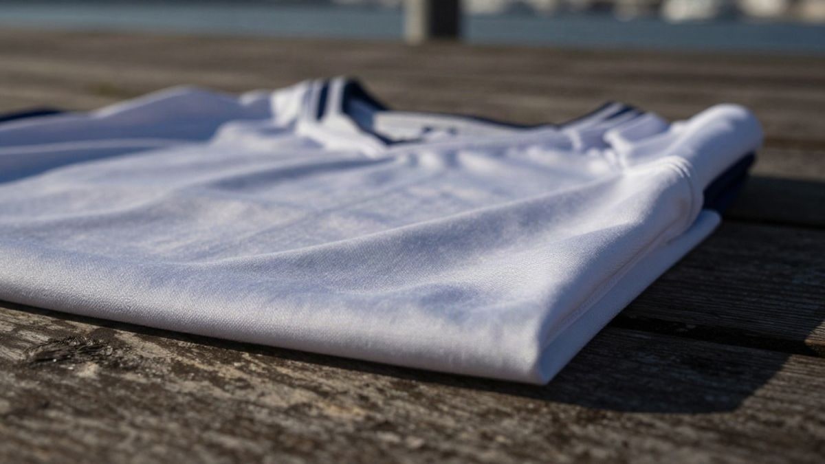 Imagen ilustrativa: detalle de una camiseta de fútbol doblada sobre una superficie de madera junto a un muelle