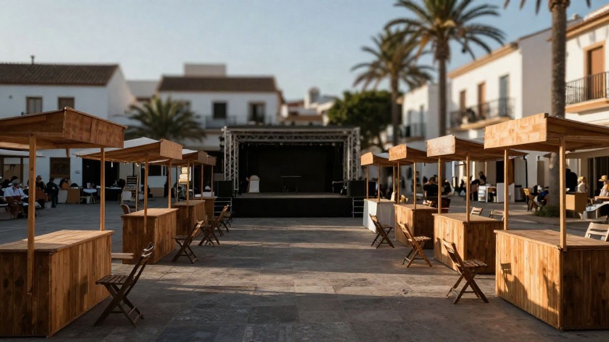 Imagen ilustrativa: plaza costera preparada para un evento gastronómico con puestos de madera y sillas vacías al atardecer
