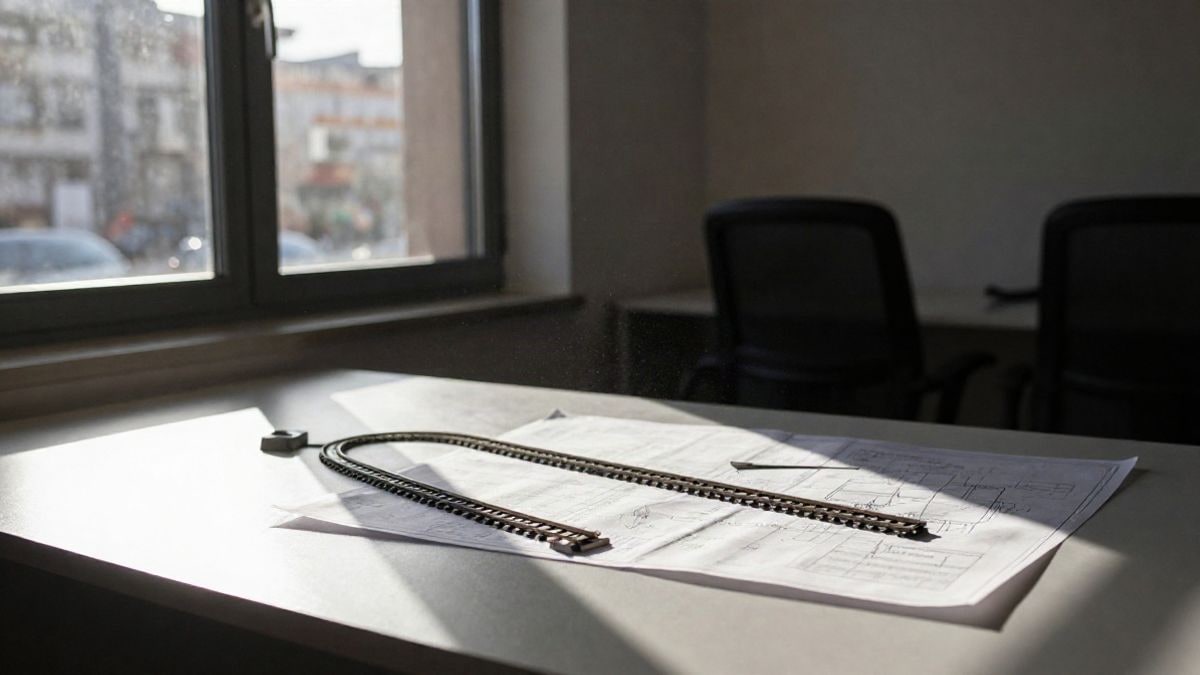 Imagen ilustrativa: interior de oficina con planos ferroviarios y una maqueta de vía sobre una mesa, iluminado por luz lateral de ventana