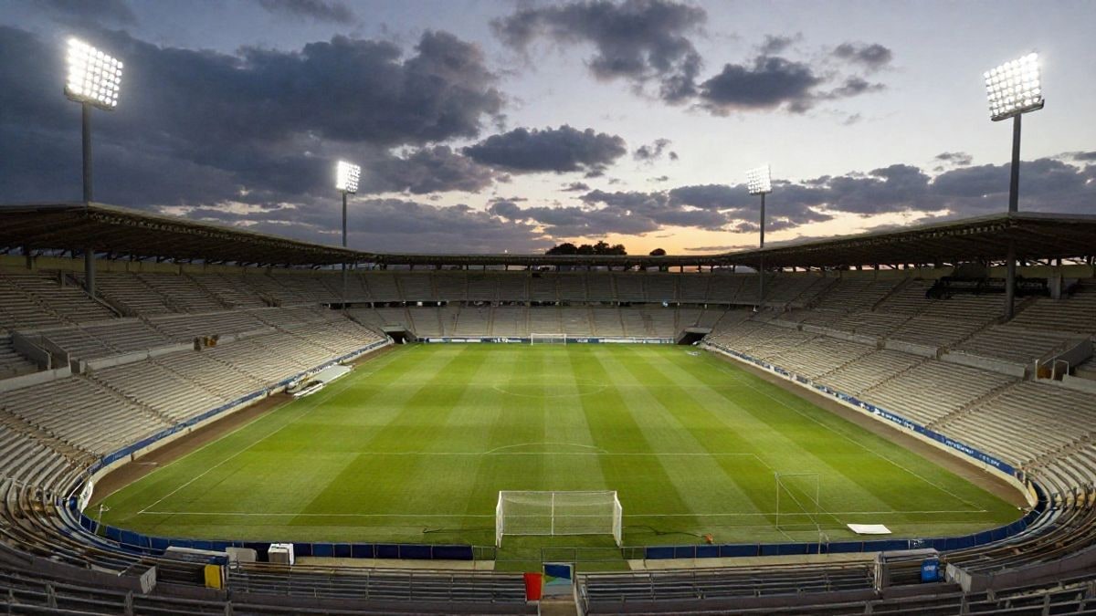 Imagen ilustrativa: un estadio de fútbol vacío con los focos encendidos al atardecer, visto desde arriba.
