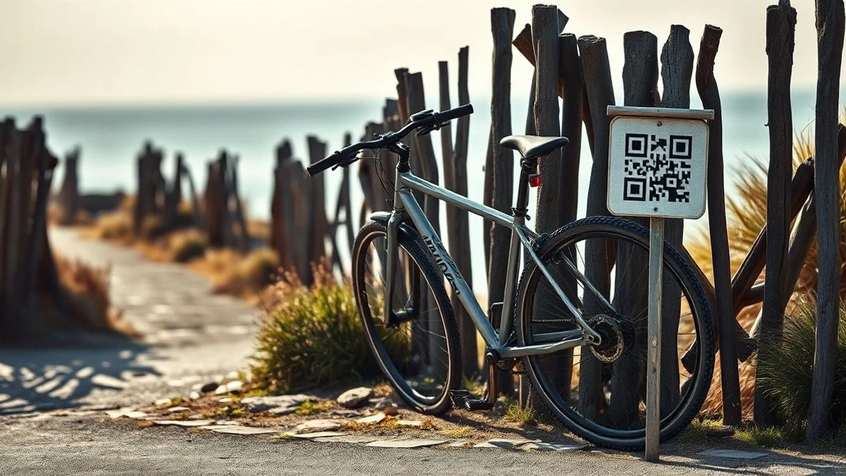 Imagen ilustrativa: bicicleta apoyada en una valla de madera junto a un sendero costero, con un cartel con código QR al fondo