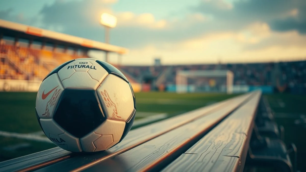 Balón de fútbol sobre un banco de madera con un estadio de fondo desenfocado