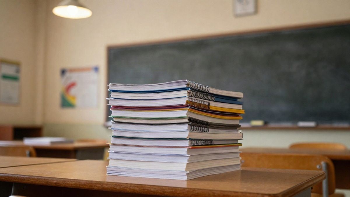 Imagen ilustrativa: montón de agendas escolares sobre una mesa de aula bajo luz artificial