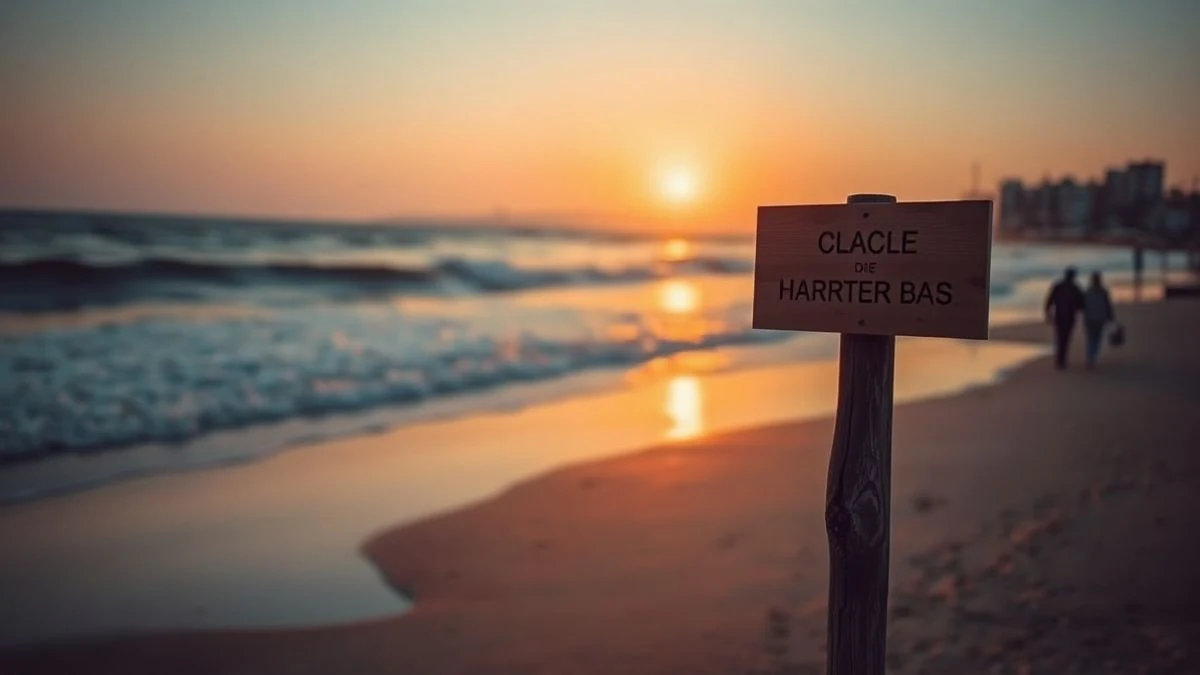 Placa de madera en una playa al atardecer, con siluetas de personas al fondo y luz dorada