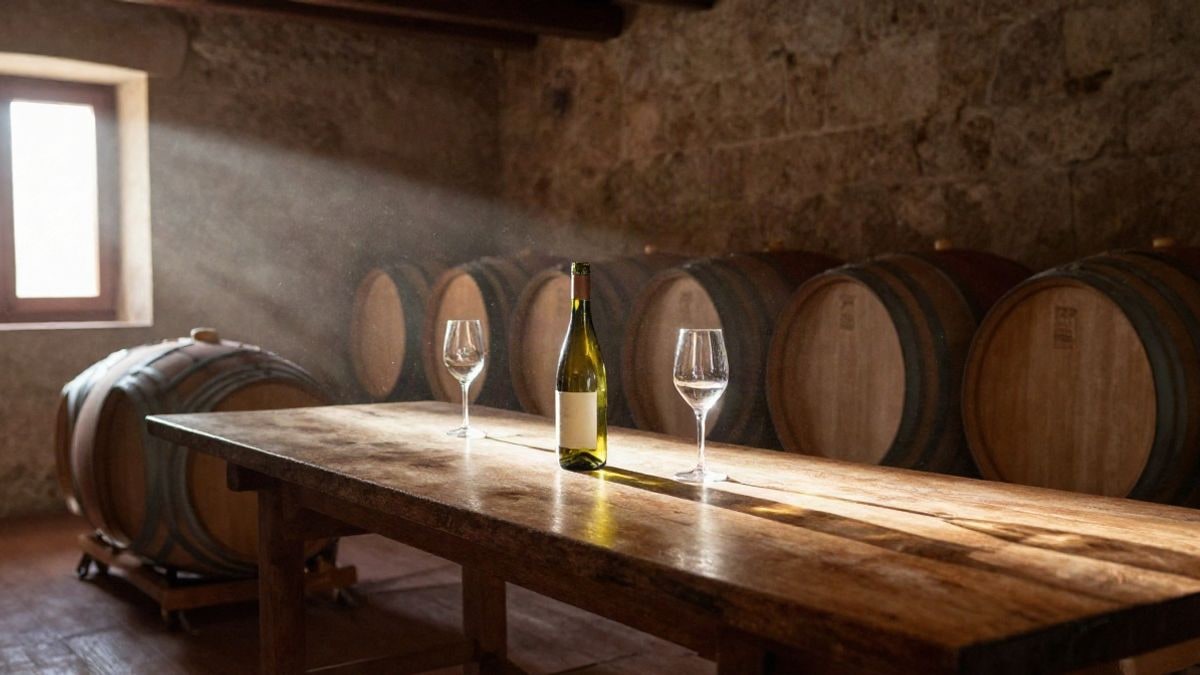 Imagen ilustrativa: interior de una bodega con barricas de roble y una mesa de cata con una botella de vino y copas, iluminado por luz lateral de ventana