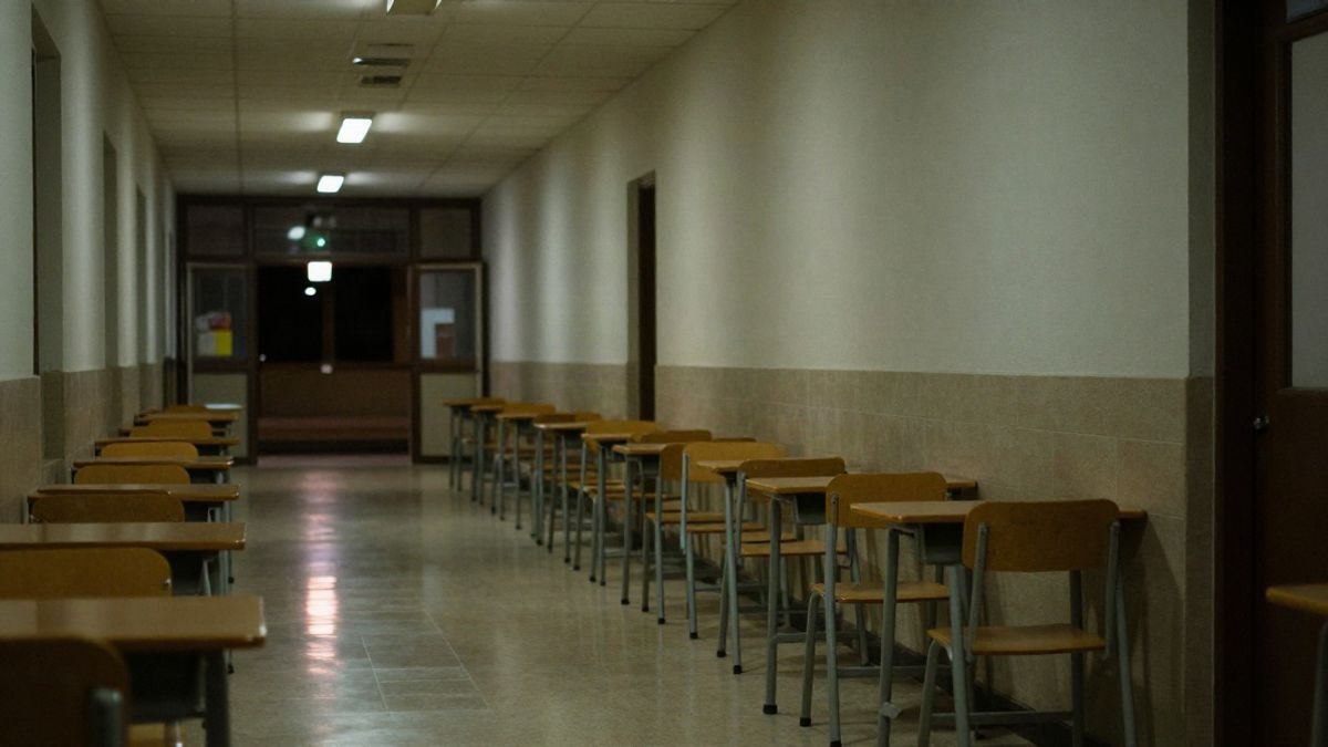 Imagen ilustrativa: pasillo de un colegio iluminado con luz artificial y sillas pequeñas vacías junto a las aulas