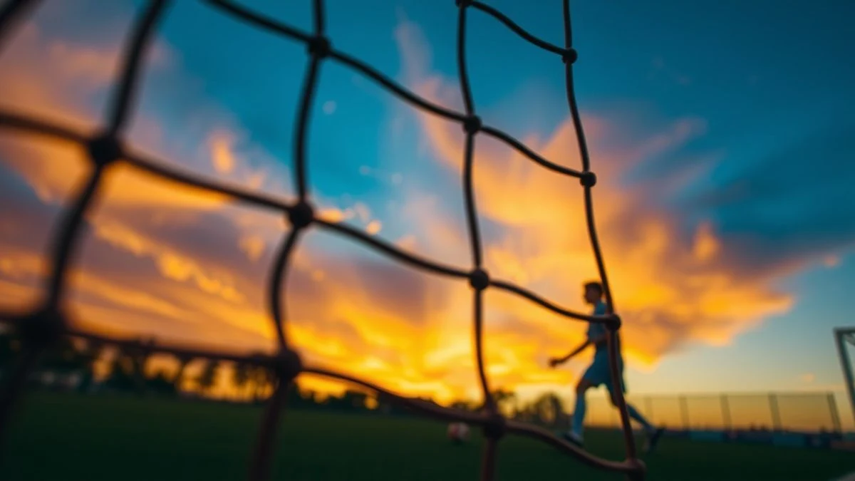 Imagen ilustrativa: una portería de fútbol con la red recortada contra un cielo anaranjado al atardecer, con una silueta borrosa de un joven jugador de espaldas.