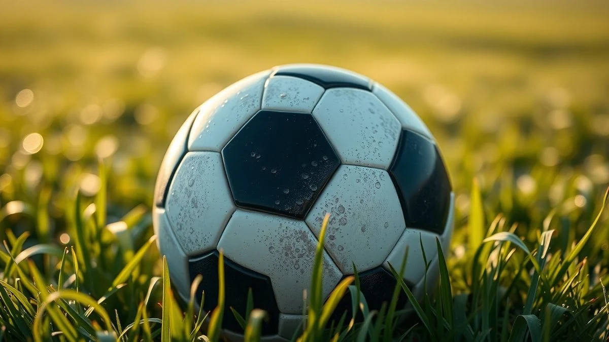 Imagen ilustrativa: un balón de fútbol sobre el césped con gotas de rocío, luz natural y fondo desenfocado.