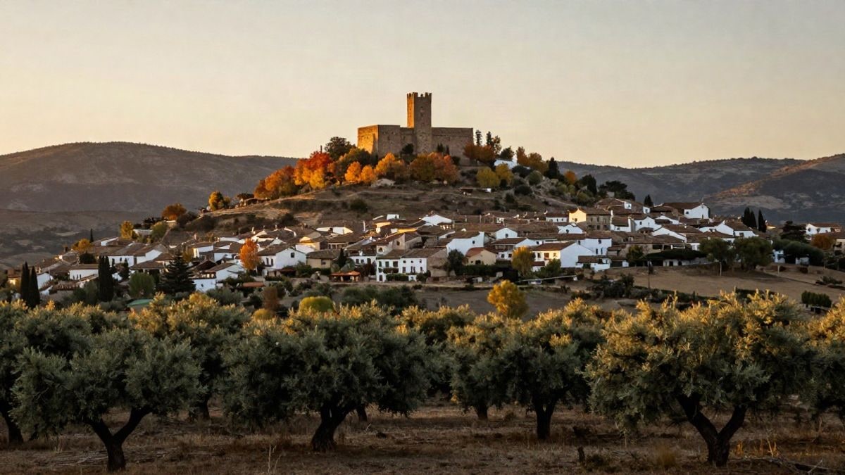 Imagen ilustrativa: un pueblo serrano con dehesas y un castillo medieval en lo alto, en otoño
