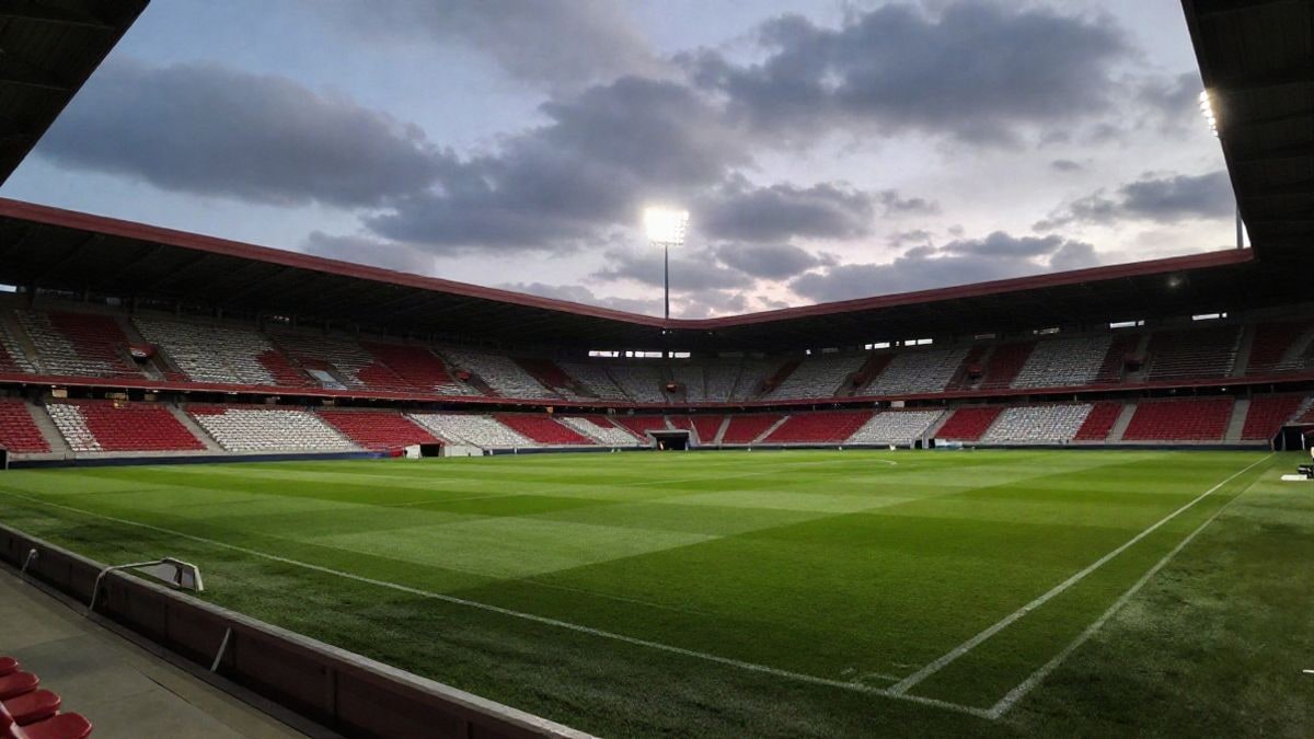 Imagen ilustrativa: estadio de fútbol vacío al atardecer, con césped y gradas en perspectiva desde el suelo