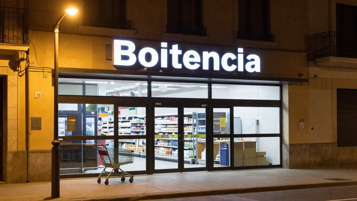 Imagen ilustrativa: entrada de supermercado genérico de noche con luz artificial y un carro de la compra