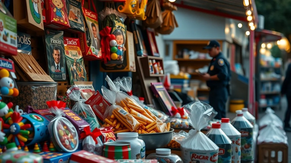 Imagen ilustrativa: un puesto de feria con juguetes y alimentos, con un agente de la Guardia Civil de fondo realizando una inspección al atardecer.