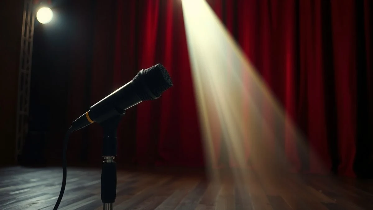 Micrófono sobre un escenario de madera con cortina roja al fondo, iluminado por un foco.