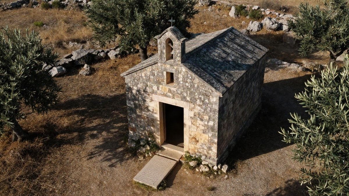 Imagen ilustrativa: vista cenital de una antigua ermita de piedra rodeada de campo mediterráneo y una lápida con inscripción latina en el suelo