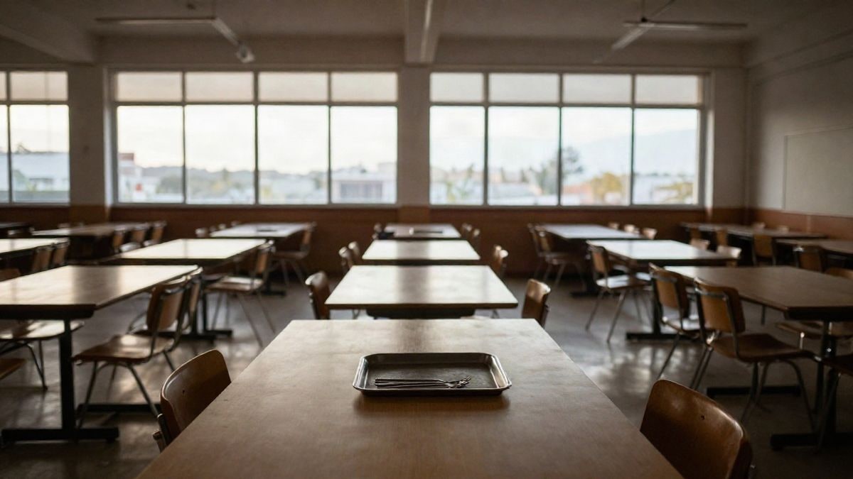 Imagen ilustrativa: un comedor escolar vacío con mesas y sillas, con un bandeja sobre una mesa y luz natural entrando por las ventanas.