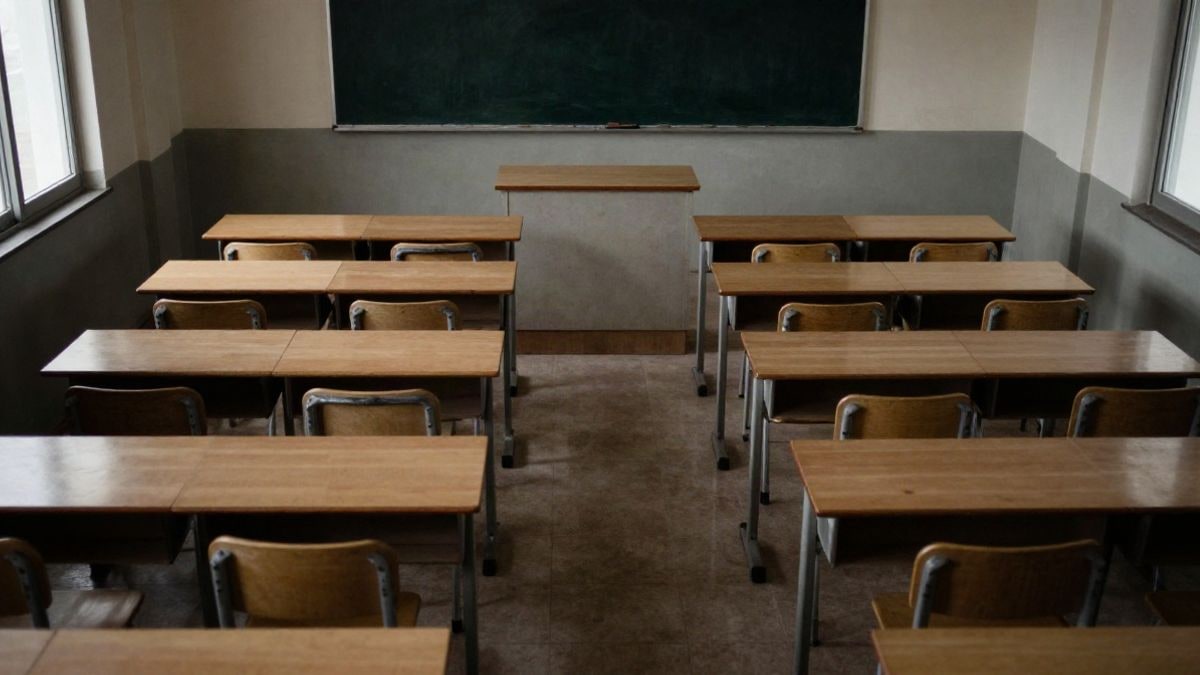 Imagen ilustrativa: aula vacía con pupitres y sillas en fila vista desde arriba