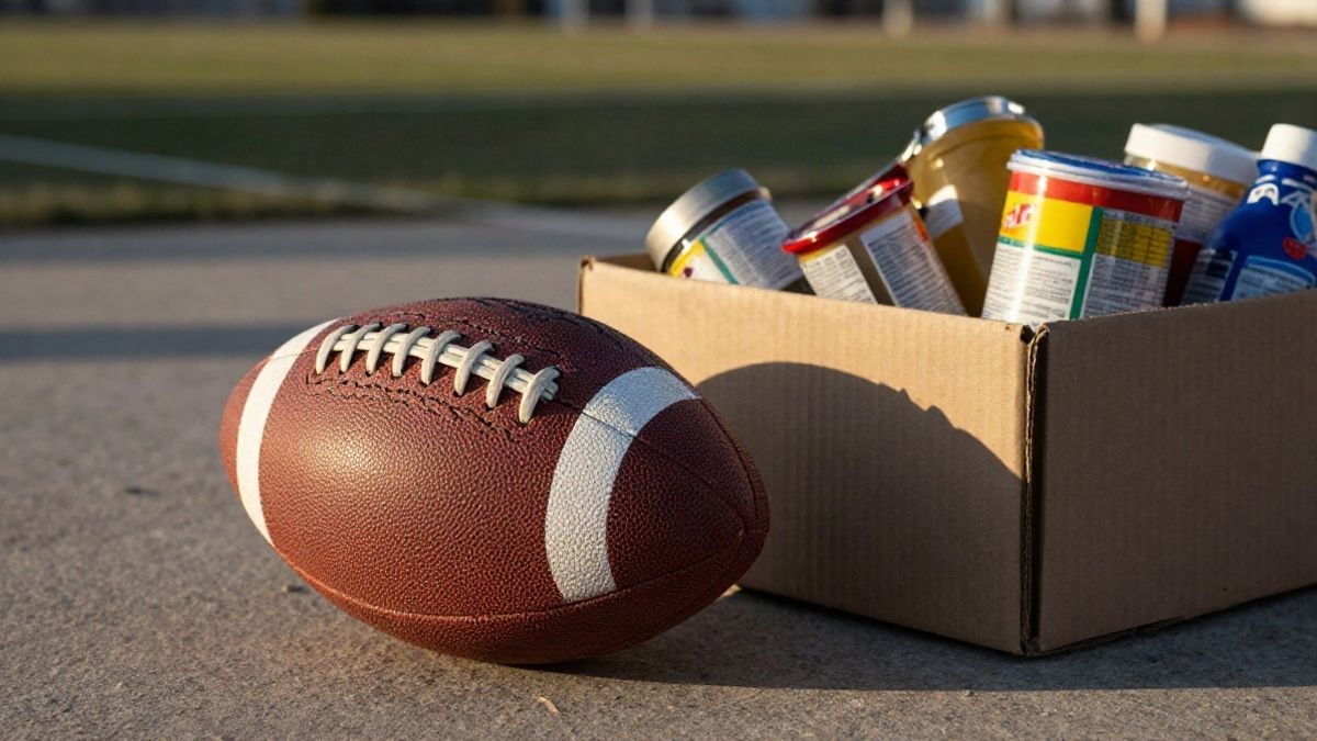 Imagen ilustrativa: balón de fútbol junto a una caja de alimentos no perecederos sobre una superficie de hormigón