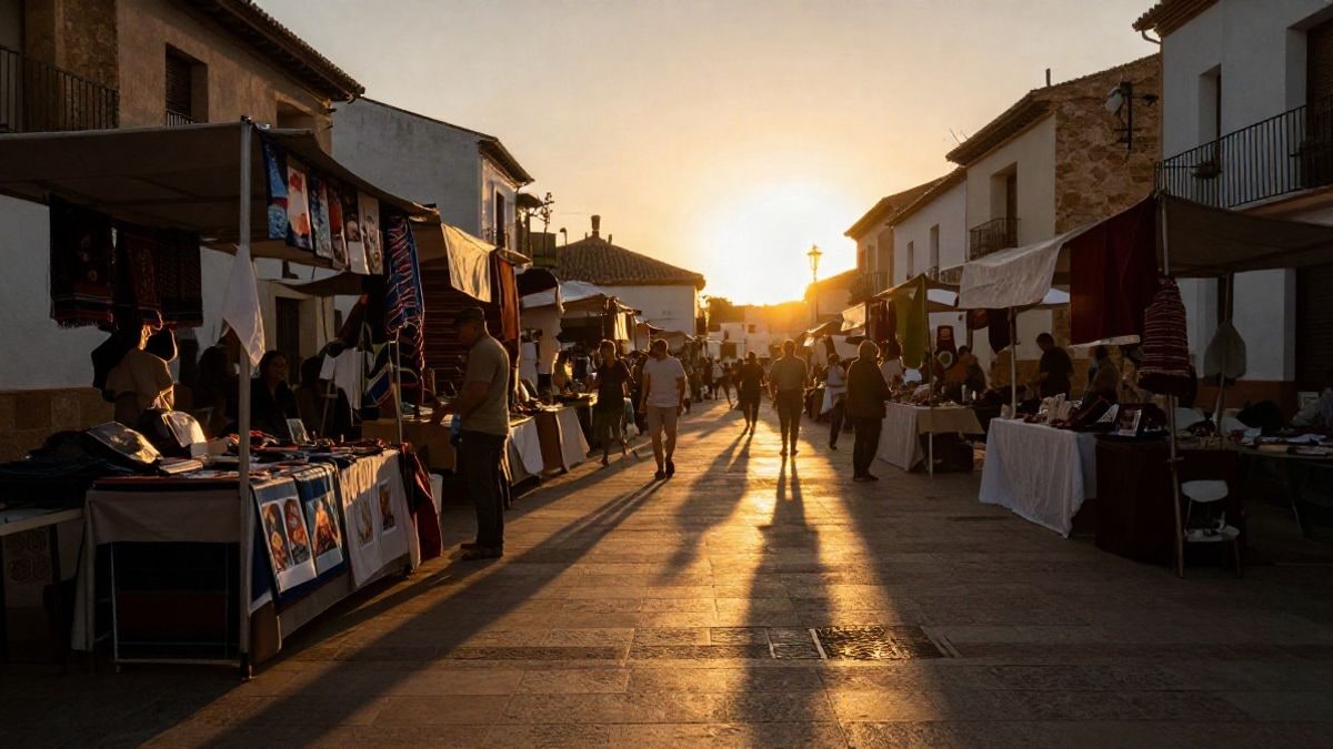 Imagen ilustrativa: contraluz al atardecer en una plaza con puestos artesanos y sombras largas