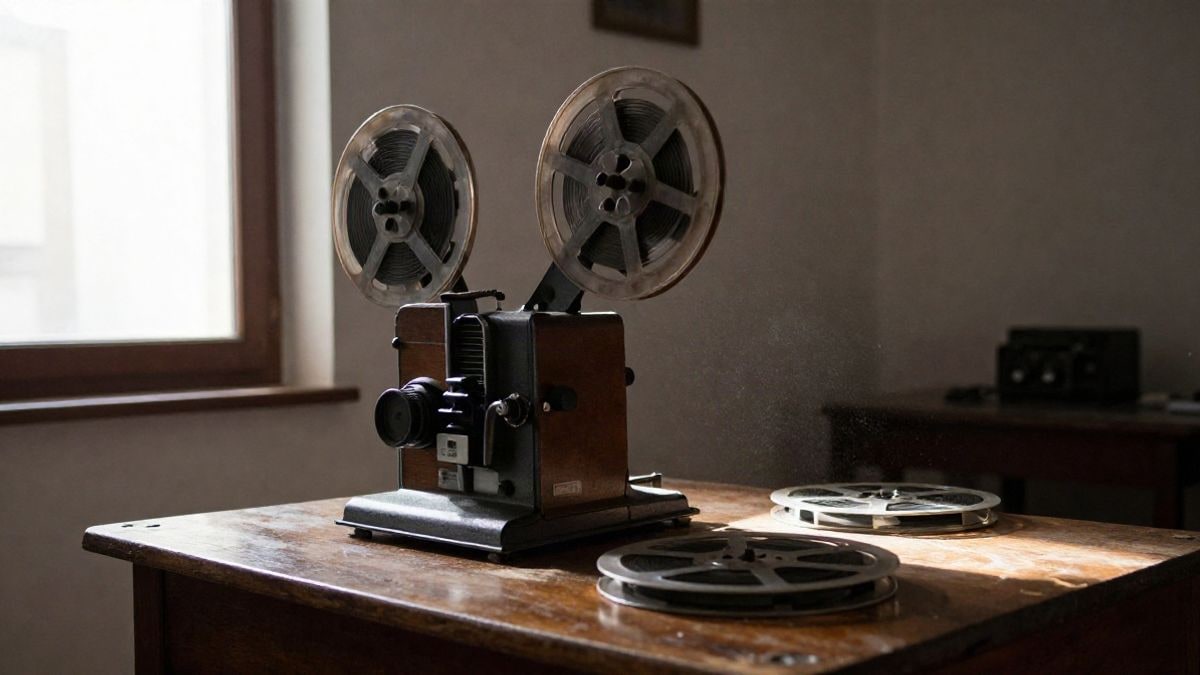 Imagen ilustrativa: proyector de cine antiguo y bobinas de película sobre una mesa de madera junto a una ventana con luz lateral