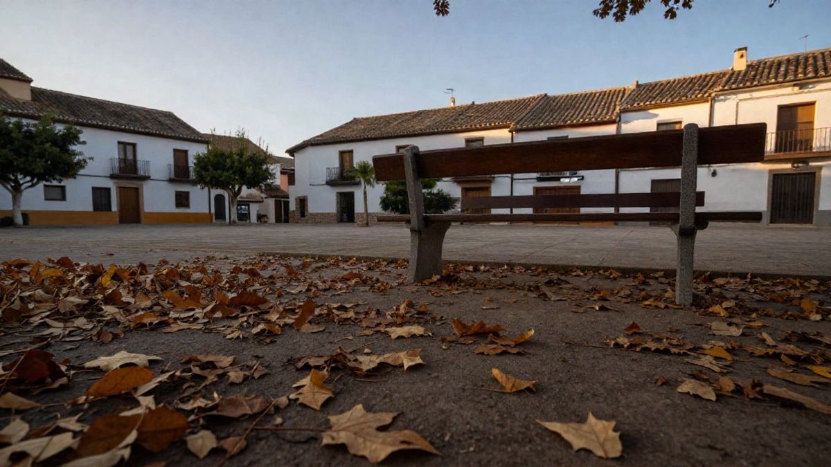 Imagen ilustrativa: plaza de un pueblo con hojas de otoño en el suelo y un banco de madera bajo el cielo despejado