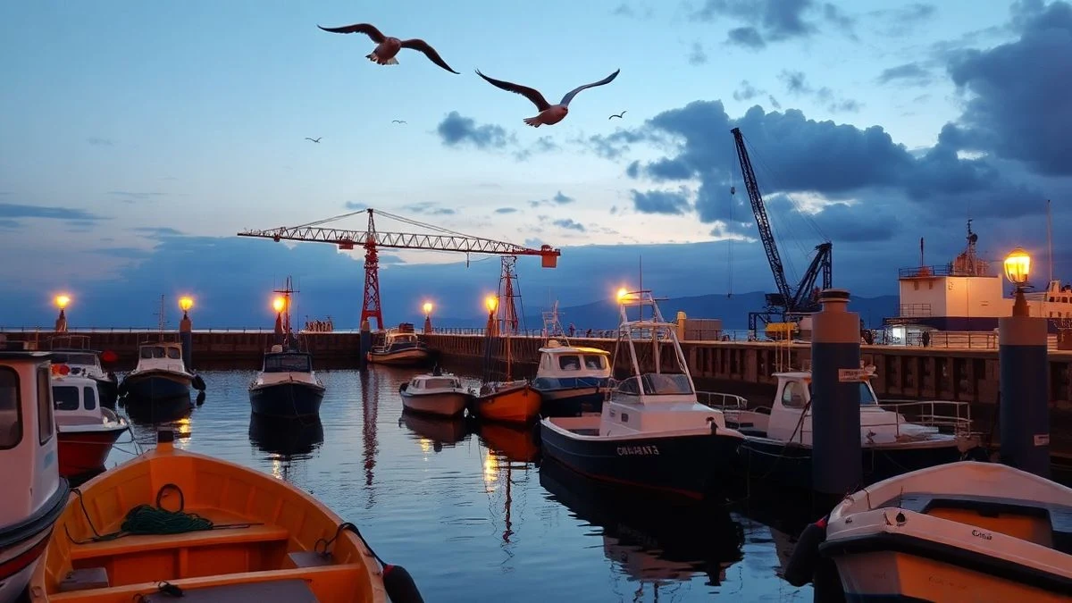 Imagen ilustrativa: puerto pesquero al atardecer con barcos atracados y luz artificial de farolas reflejada en el agua