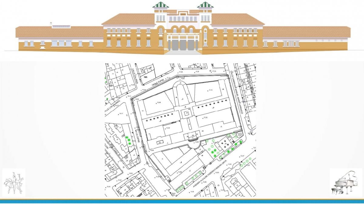 Imagen ilustrativa: contraluz al atardecer con siluetas y sombras largas en una plaza junto a un edificio histórico