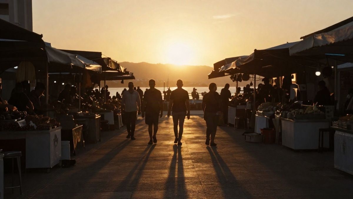 Imagen ilustrativa: contraluz al atardecer con siluetas y sombras largas en un mercado costero