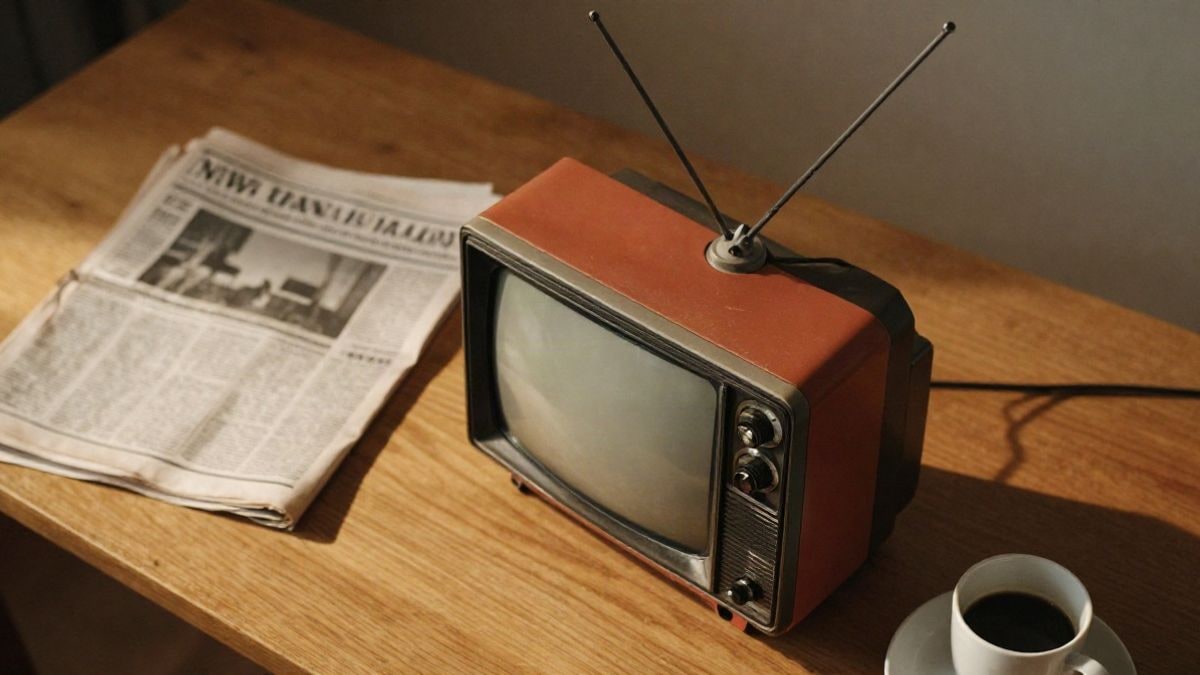Imagen ilustrativa: un televisor antiguo con antena sobre una mesa de madera junto a un periódico vintage