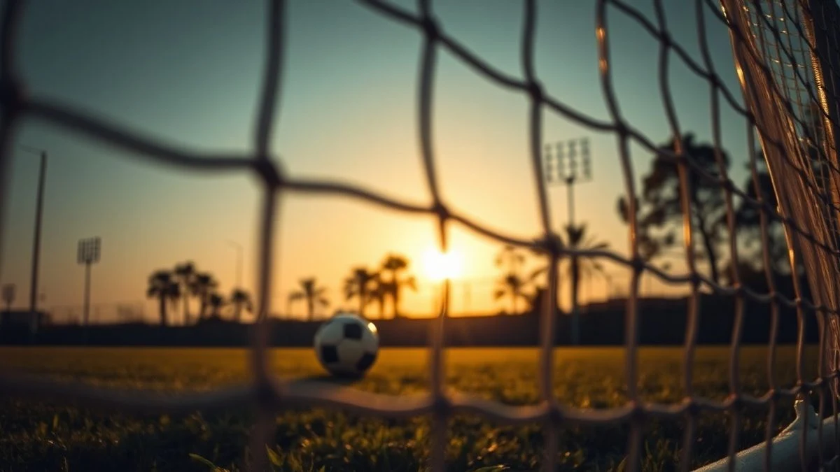 Primer plano de una portería de fútbol con la red y un balón en el área de penalti al atardecer